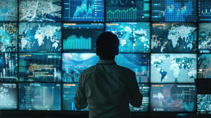 Poster - A person standing near a wall of TVs, possibly for work or presentation