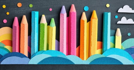 Poster - Colorful pencils form cityscape. Paper clouds, dots create whimsical scene. Bright hues, playful design, artistic expression.