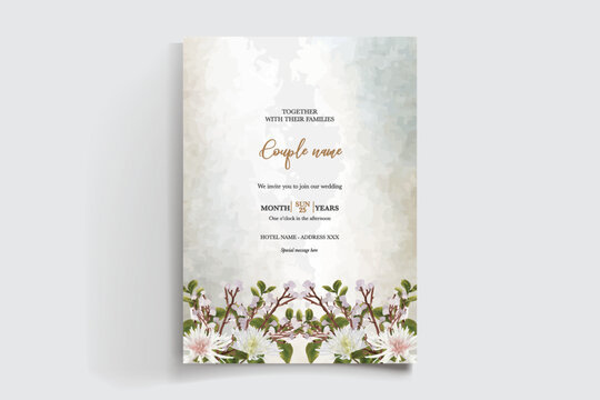 WEDDING INVITATION FRAME WITH FLOWER DECORATIONS AND FRESH LEAVES
