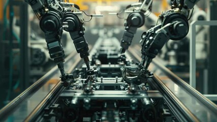 Poster - Industrial robots working together on a production line conveyor belt