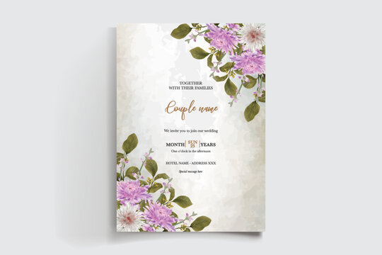 WEDDING INVITATION FRAME WITH FLOWER DECORATIONS AND FRESH LEAVES