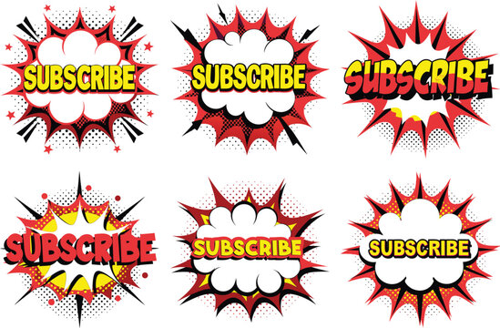 Six Colorful Comic Book Style Subscribe Buttons for Social Media