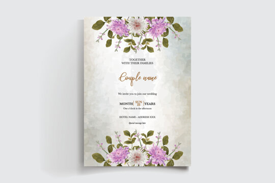 WEDDING INVITATION FRAME WITH FLOWER DECORATIONS AND FRESH LEAVES