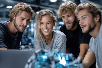 Fototapete - Young professionals collaborating on a technology project in a modern workspace