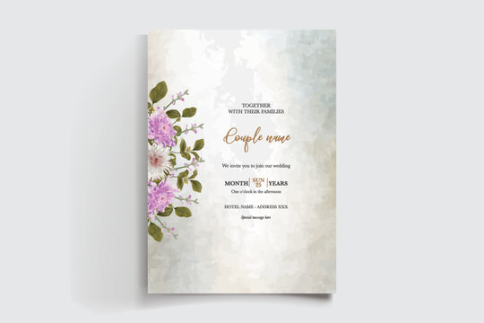 WEDDING INVITATION FRAME WITH FLOWER DECORATIONS AND FRESH LEAVES