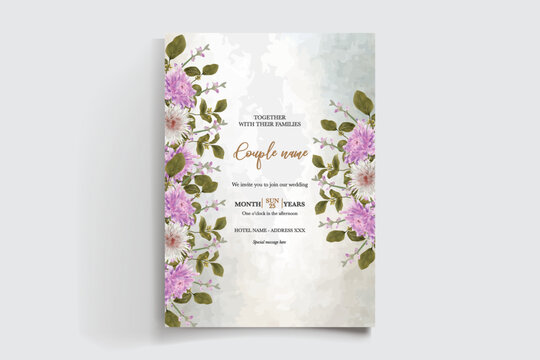 WEDDING INVITATION FRAME WITH FLOWER DECORATIONS AND FRESH LEAVES