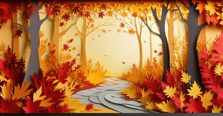 Aufkleber - Papercraft forest scene. Autumn colors dominate, path winds through trees. Warm light filters, creating cozy atmosphere. Leaves fall gently.