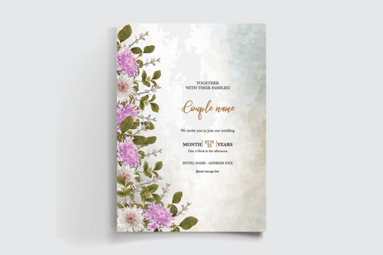 WEDDING INVITATION FRAME WITH FLOWER DECORATIONS AND FRESH LEAVES