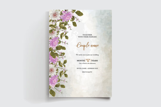 WEDDING INVITATION FRAME WITH FLOWER DECORATIONS AND FRESH LEAVES