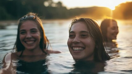 Poster - Women swimming together at sunset