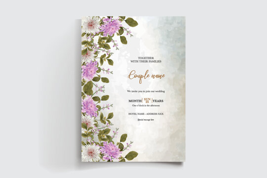 WEDDING INVITATION FRAME WITH FLOWER DECORATIONS AND FRESH LEAVES