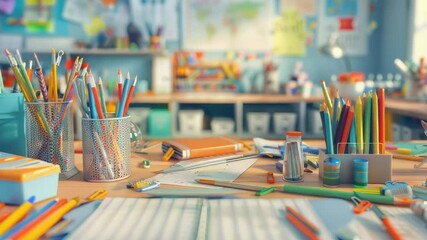 Aufkleber - A wooden table covered in various colored pencils, great for artistic or educational use