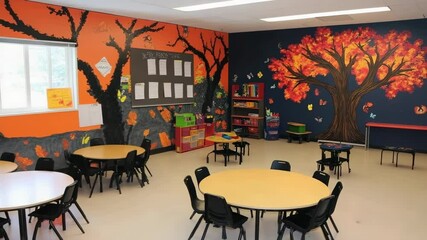 Poster - Round tables and small chairs stand in an empty classroom decorated with a vibrant autumn tree and butterflies painting, creating a cheerful and inspiring learning environment for young children