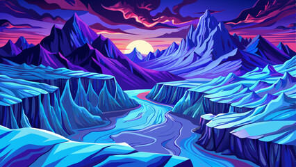Polar Region Rugged arctic coastline with ice floes under cold blue hues at twilight, Simple cartoon design Flat style vector illustration, beautiful purple sky