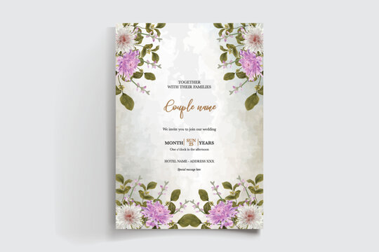 WEDDING INVITATION FRAME WITH FLOWER DECORATIONS AND FRESH LEAVES