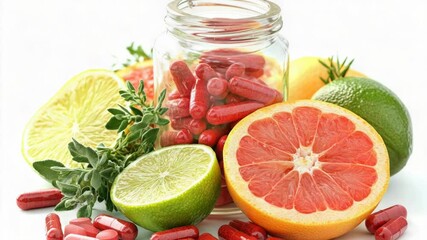 Poster - A colorful arrangement of fresh fruit and vegetables in a clear glass jar, ideal for food blogging, recipe books or healthy living articles