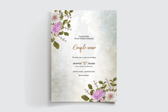WEDDING INVITATION FRAME WITH FLOWER DECORATIONS AND FRESH LEAVES