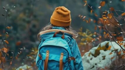 Poster - A person hiking through the woods carrying a backpack