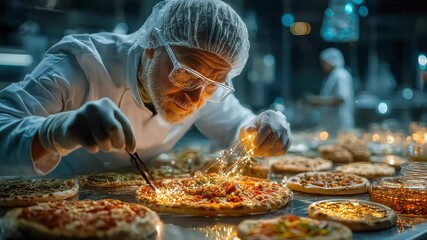 Poster - A food technologist meticulously arranging fresh vegetables in a laboratory kitchen, focusing on precise preparation and culinary presentation under controlled conditions