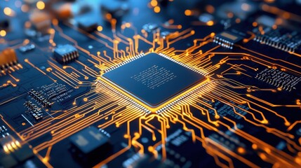 Aufkleber - A close up of a computer chip with a yellow glow