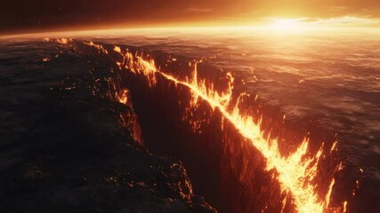 Poster - Planetary surface breaking apart with deep, fiery cracks spreading as burning lava erupts, revealing dramatic apocalyptic transformation during sunrise with intense geological destruction