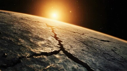 Poster - Violent seismic tremors cracking rocky planetary terrain, deep rifts splitting desolate extraterrestrial ground during emerging sunrise, dramatic geological transformation unfolding