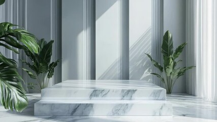 Poster - A white marble staircase with a green plant in the corner, perfect for interior design or architecture concepts