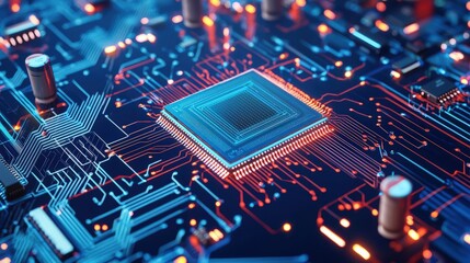 Aufkleber - A computer chip is shown in a blue, red and orange color scheme