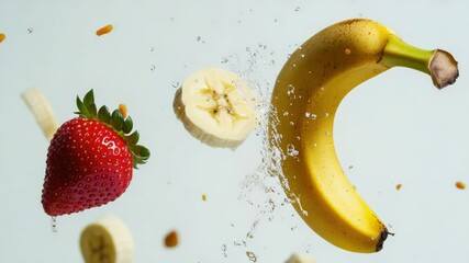 Poster - A banana and strawberry falling from above into the water, ideal for illustrations about accidents or mishaps