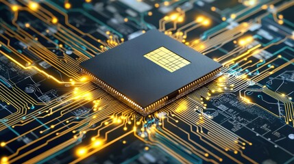 Aufkleber - A computer chip is shown on a circuit board with a yellow glow