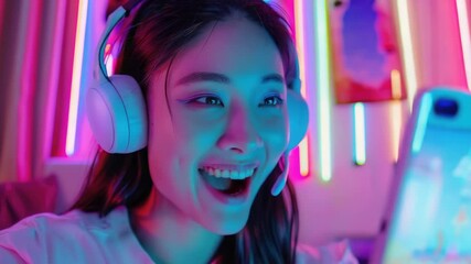 Poster - A woman wears headphones and holds a cell phone in her hand, probably enjoying music or taking a call