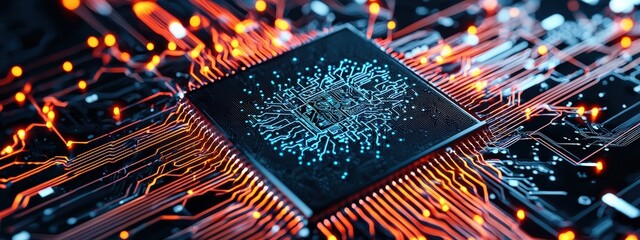 Aufkleber - A computer chip with a blue and orange design