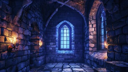 Poster - A cozy dimly lit room with stone walls and a window, perfect for intimate scenes or mysterious settings