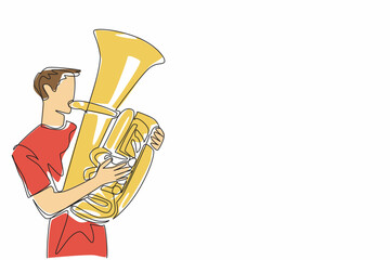 Poster - Continuous one line drawing casually dressed man playing the tuba. Producing a pleasant tone. Street musician. Modern. Harmony. Jazz. National Tuba Day. Single line draw design vector illustration