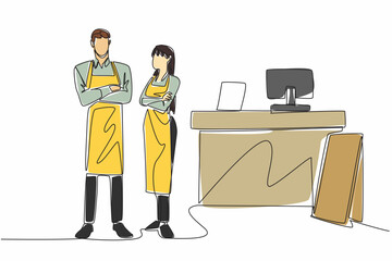 Poster - Single continuous line drawing a male and a female waiters wearing aprons standing side by side. Stand by near the cashier. Order and pay. School Lunch Hero Day. One line design vector illustration