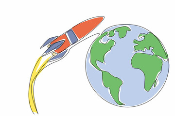 Poster - Continuous one line drawing rocket flying and beside it is a globe. Space expedition completed. Back to earth. Knowledge about the moon. National Space Day. Single line draw design vector illustration