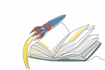 Poster - Single continuous line drawing a rocket flying in the middle of an open thick book. Knowledge about the universe and its contents. Science. National Space Day. One line design vector illustration