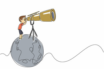 Poster - Single one line drawing boy looking through giant telescope at the moon. Studying the knowledge that exists in outer space. Scientist. National Space Day. Continuous line design graphic illustration