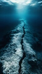 Poster - Glowing sun rays penetrating deep ocean darkness, revealing expanding crevice separating massive tectonic plates along seafloor geological boundary