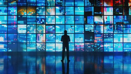 Aufkleber - A person standing in front of a wall of television screens, great for media or technology related concepts
