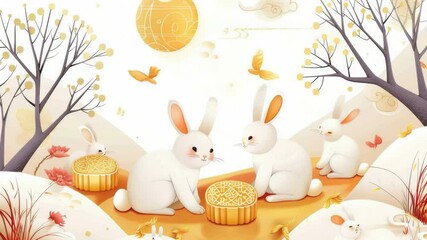 Poster - A group of white rabbits sitting on a green field, perfect for spring or Easter-themed illustrations