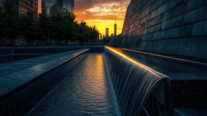 Poster - A waterfall in an urban setting as the sun sets, ideal for use in travel or nature photography