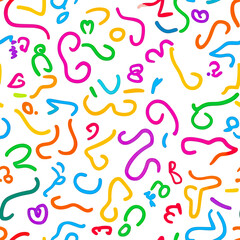  Colorful abstract squiggle seamless pattern with playful curved lines and shapes in bright primary and secondary colors on white background for kids design and decor