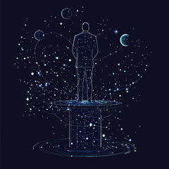 Poster - Businessman standing on futuristic rostrum surrounded by digital cosmic space elements and planetary orbits in technology vector style