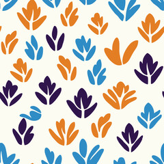 Poster - Seamless abstract floral leaf pattern with blue orange and dark purple minimalist shapes on white background for modern boho design and organic nature texture