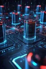 Aufkleber - A futuristic cityscape with many buildings and a lot of blue and red lights