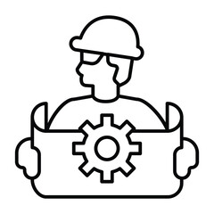Poster - Engineer man with project and cogwheel thin line icon, neural dataset concept. Vector graphics. Developer, developing sign on white background, style mobile or design.