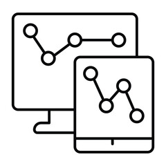 Fototapete - Monitor and tablet screen with chart thin line icon, neural dataset concept. Vector graphics. Displays with data graphs sign on white background, style mobile or design.