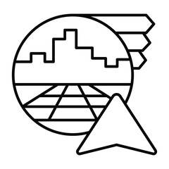Poster - City and bookmarks with navigation cursor thin line icon, neural dataset concept. Vector graphics. Map data visualization sign on white background, style mobile or design.