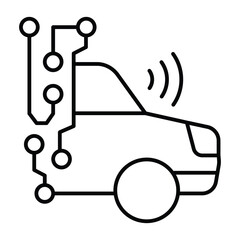 Poster - Car with wireless sensor circuit thin line icon, neural network concept. Vector graphics. Automobile with data connections sign on white background, style mobile or design.